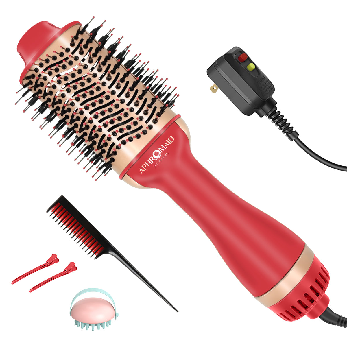 Professional Hair Dryer Brush, 4 in 1 Hot Air Brush for Women, One Step Volumizer Hair Dryer for Drying Straightening Curling, Anti-Scald Negative Ionic Technology, with a Hard Travel Case, Red